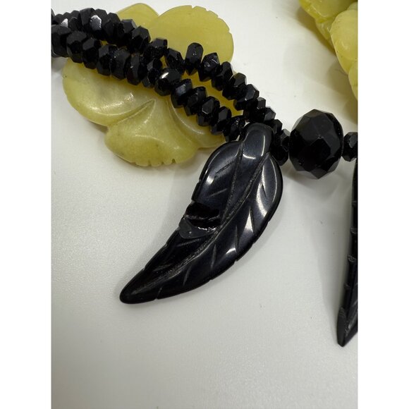 Chunky Beaded Yellow Jade Black Onyx Glass Statement Necklace Big Tropical Stone - Picture 3 of 9
